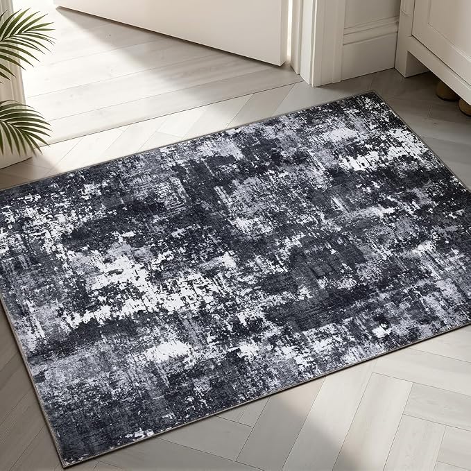 Sasttie 2x3 Entryway Area Rug, Modern Abstract Small Carpet, Black & White | Machine Washable, Ultra-Soft Faux Wool, Non-Slip, Low Pile, Thin, for Entrance, Door-Mat, High-Traffic Areas