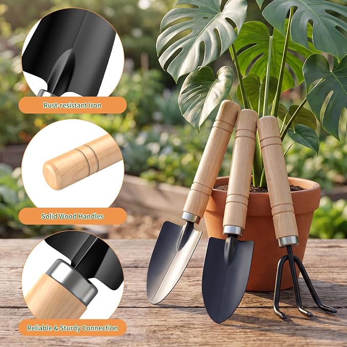 3 Pcs Mini Garden Tool Set with Small Trowel, Mini Shovel & Hand Rake | Iron Gardening Hand Tools with Wood Handle, Potting & Transplanting Tool Kit for Houseplants, Succulents, Herbs & Flowers