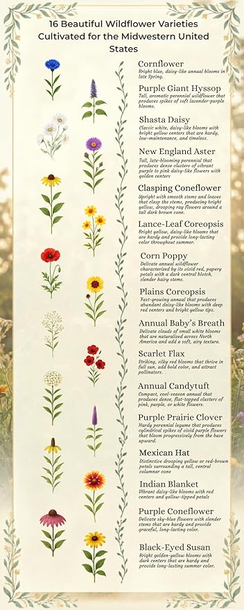 Iowa Bulk Perennial and Annual Non-GMO Wildflower Seed Mix 1/2lb Covers 1,000sq-ft - Attract Pollinators, Multi-Color Blooms - Midwest US Species Plant in Spring/Fall (1/2 Pound)