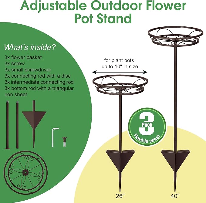 Tellingyou 3 Pack Adjustable Outdoor Flower Pot Stand, Metal Outdoor Plant Stands, Spring Summer Versatile Plant Stand Garden Stake for Display Plants, Elegant Solution for Landscaping Decor (Brown)
