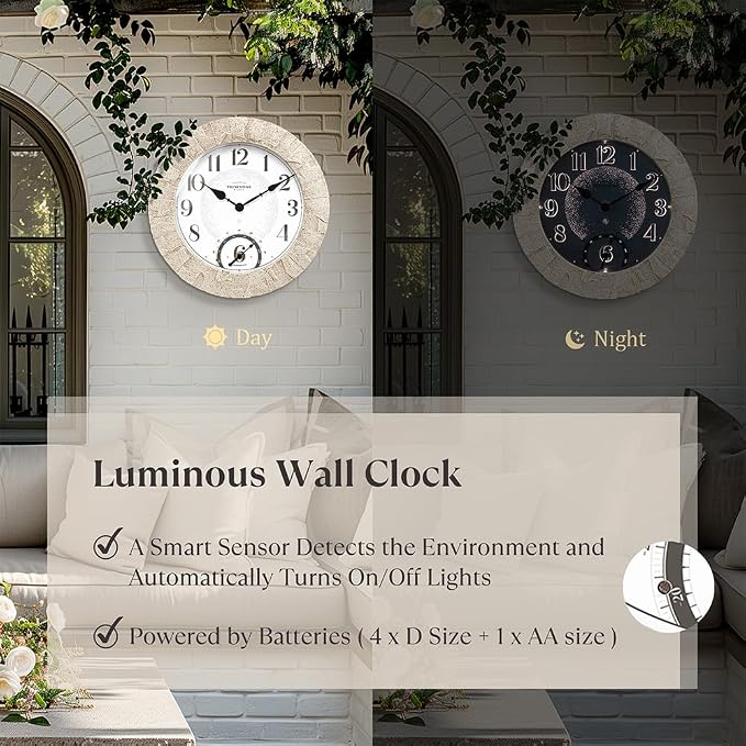 Presentime & Co 14" Illuminated in/Outdoor Clock with Smart Sensor and Night Light, Waterproof, Large Wall Clock with Thermometer & Hygrometer, for Garden and Patio - Coastal Sandstone Finish.