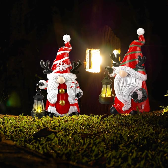 Suzile 2 Pack 9.4 Inch Gnome Statue Christmas Garden Decor with Solar Lights Resin Outdoor Christmas Decoration Figurine with LED Lantern Outside for Courtyard Lawn Patio Porch Housewarming Gift