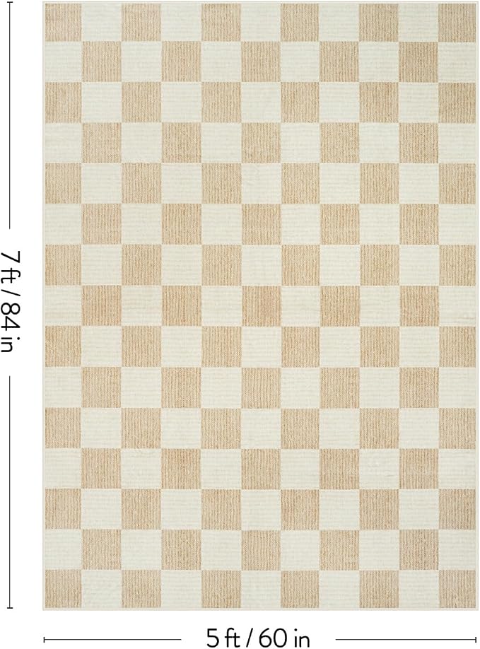 Machine Washable 5x7 Area Rugs for Living Room Checkered, Non Slip Soft Low Pile Farmhouse Geometric Modern Neutral Playroom Boys Rugs for Bedroom, Large Carpet Rugs for Dining Room(Ivory,5'x7')