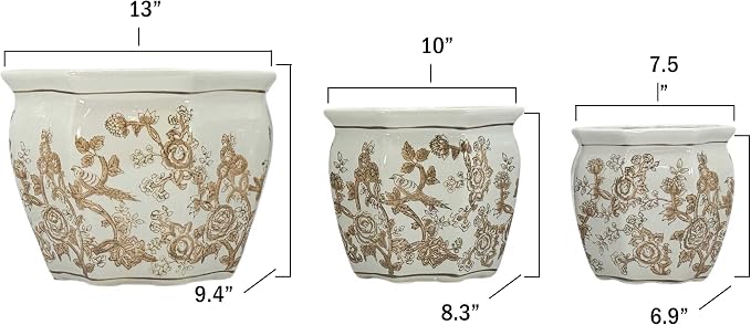 Galt International Brown & White Round Fluted Floral Porcelain Ceramic Plant Flower Planter Pot Set of 3 (7.5", 10", 13") Garden Pots Chinese Asian Design