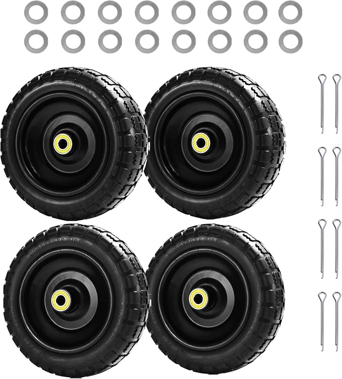 10" Flat Free Tires (4-Pack), 4.10/3.50-4 Solid Rubber Wheels for Gorilla Carts, Garden Wagons, Wheelbarrows & Utility Carts - 5/8" Axle Bore, 2.1" Offset Hub, Heavy Duty No-Flat Replacement