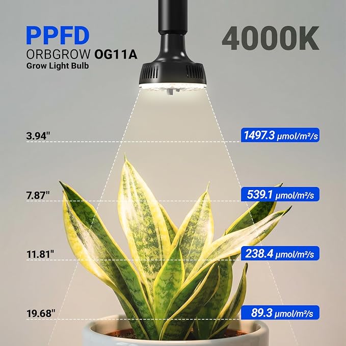 Barrina Orbgrow OG11A Grow Light Bulbs for Indoor Plants, Integrated Dimming & Timing, 4000K 11W(100 Watt Equiv), E26 Plant Light Bulb, Full Spectrum, High PPFD for Seeds and Greens, 1 Pack, Black