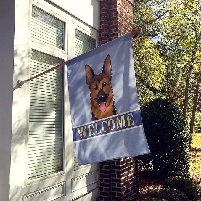 Caroline's Treasures BB1397CHF German Shepherd Welcome House Flag, Blue Large Porch Sleeve Pole Decorative Outside Yard Banner Artwork Wall Hanging, Polyester, House Size, Multicolor