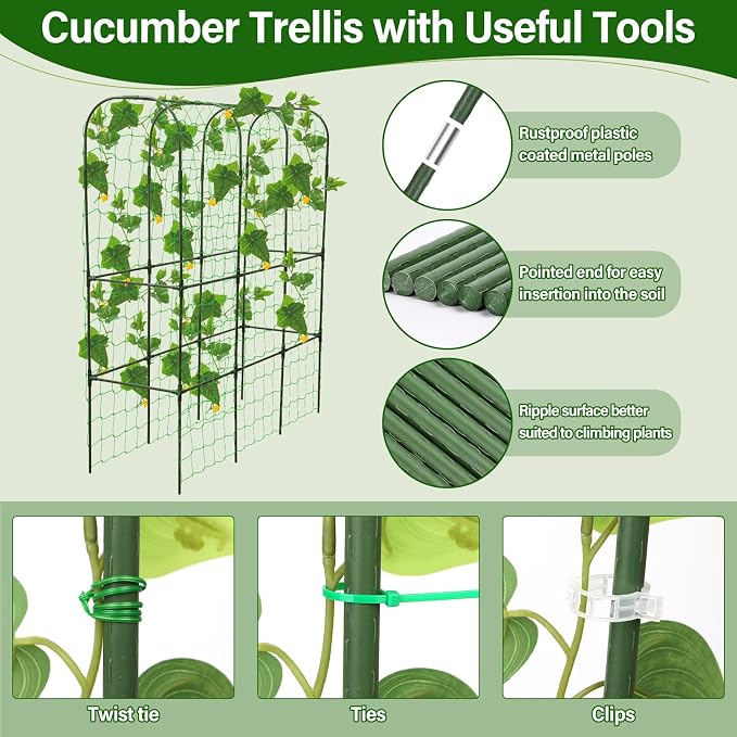 Garden Cucumber Trellis for Climbing Plants Outdoors, 65 x 50 Inch Large Metal Garden Trellis with Gardening Tools Nylon Garden Netting for Raised Bed Vegetable Fruit Flower Grow Support(U-Shape)