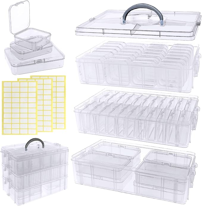 Guyuyii 58 Pcs Transparent Bead Organizer with Portable Handle and Labels | 3-Tier Bead Organizers and Storage for Craft Supplies, Jewelry Making, Diamond Painting, Earrings, Sewing