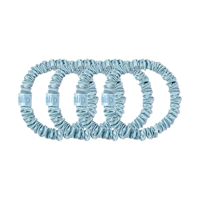 Slip Silk Hair Ties — Skinny Silk Sky Blue Scrunchies, No Damage, No Crease, Anti-Breakage |100% Mulberry Silk | All Hair Types | Made with Proprietary Slipsilk™ | Set of 4