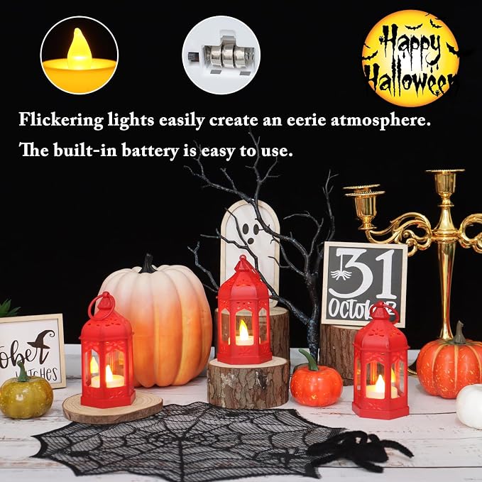 LLQ 8 Pcs Mini Lantern Decor Moroccan Lantern with Flickering LED Candle Table Centerpiece Small Vintage Christmas Hanging Lamp Ornaments Bulk for Wedding Halloween Christmas Party (5 Inch,Red)
