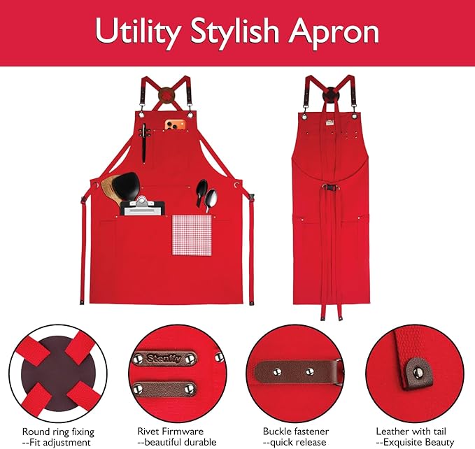 Kitchen Apron, Work Apron, Canvas, Multiple Pockets, Gardening, Painting, BBQ, Artist, Carpenter, Sizes M to XXL, Red | Multiple Pockets, Gardening, Painting, BBQ, Artist, Carpenter, Sizes M to XXL