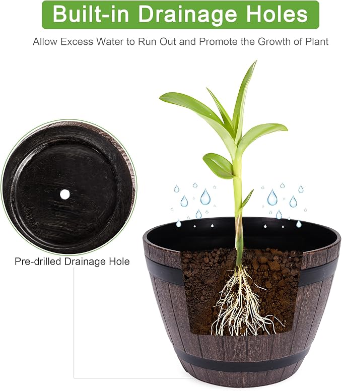 VECELO Plant Pots with Drainage Holes & Saucer, 9/11.3/13 Inch Flower Pots with Tray, 3 Pack Plastic Whiskey Barrel Planters for Indoor & Outdoor Garden Home Plants and Flowers