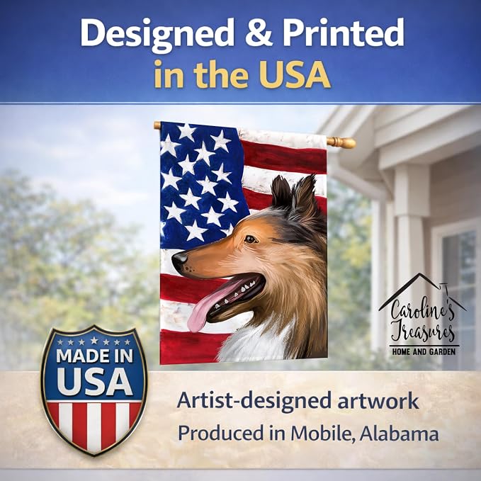 Caroline's Treasures CK6493CHF Collie Smooth Dog American Flag House Flag Large Porch Sleeve Pole Decorative Outside Yard Banner Artwork Wall Hanging, Polyester, House Size, Multicolor