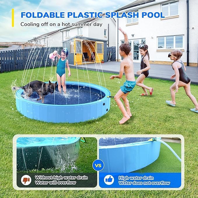 132'' Foldable Dog Pool, Giant Sprinkler Pools for Kids, Non-Slip Heavy Duty Dogs Pool for Large Dogs, Hard Plastic Kiddie Bathtubs for Backyard（11ft）
