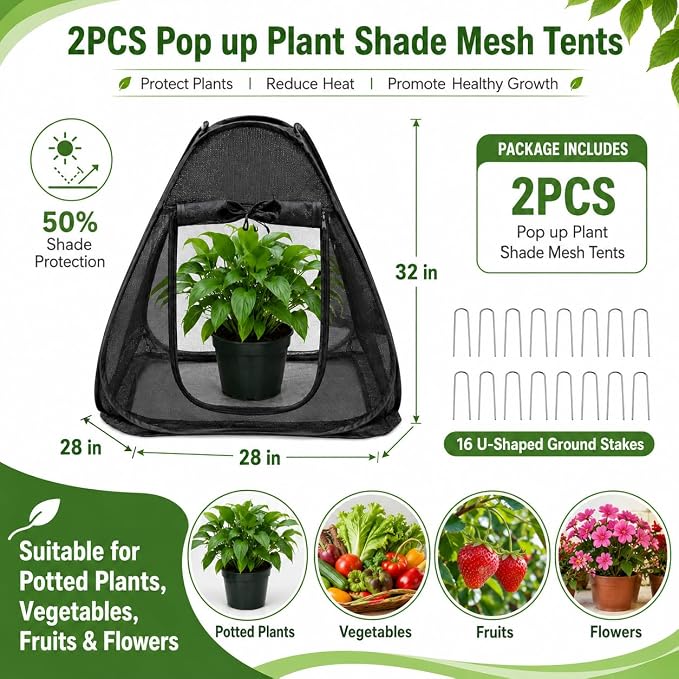 2PCS Pop up Plant Shade Tents（28 x 28 x 32 in-50% Shade Mesh Plant Cover with 16 U-Shaped Stakes for Outdoor Plants, Pop up Gardening Net Cover with Zipper Door, Guard Cover for Potted Plants