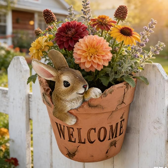 Hanging Planter with Cute Rabbit Design Decorative Wall Planter for Indoor Outdoor Terracotta Style Resin Unique Funny Plants Pot for Home Porch Garden Decor Artificial Flowers