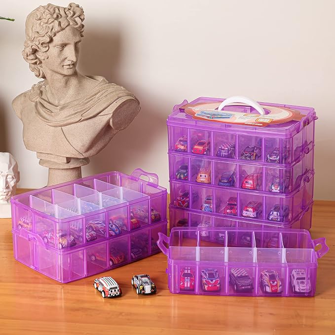 Sooyee 7 Layers Stackable Storage Container, 70 Adjustable Compartments Stackable Storage Container for Kids Toys, Art Crafts, Jewelry, Supplies, Mini Case & Letter Sticker Included,Clear,Purple