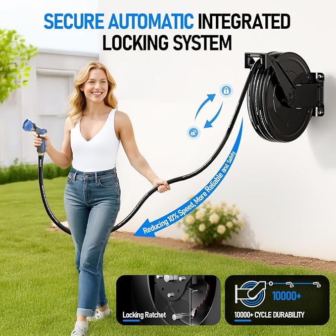 SPECILITE Retractable Hose Reel with 5/8'' Hot/Cold Garden Water Pipe 50ft, -50℉ -190℉, Heavy Duty Metal Wall Mount Spool, with 6ft Lead Hoses, Nozzle, 3/4'' Brass Fittings for Garage, Yard, Black