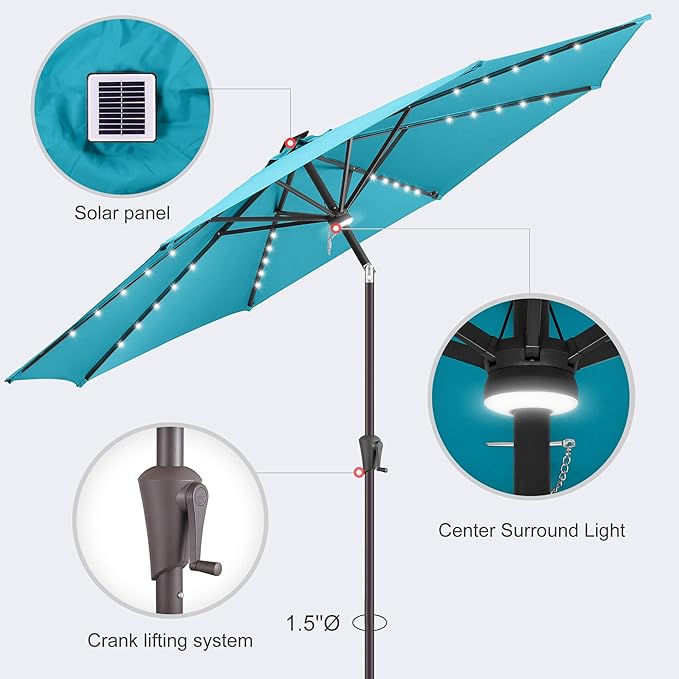 10ft Solar Umbrella Outdoor - Lighted Solar Patio Umbrella with 40 LED Lights Waterproof UV Protection, Table Umbrella with Tilt for Pool, Porch, Garden, Deck, Backyard (Aqua Blue)