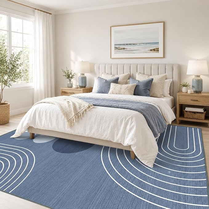 Area Rug 5x7 Boho Modern Minimalist Geometric Abstract Rug Dusty Blue Mid Century Modern Rug for Living Room Machine Washable Non-Slip Printed Low Pile Indoor Carpet for Bedroom Dining Room Office