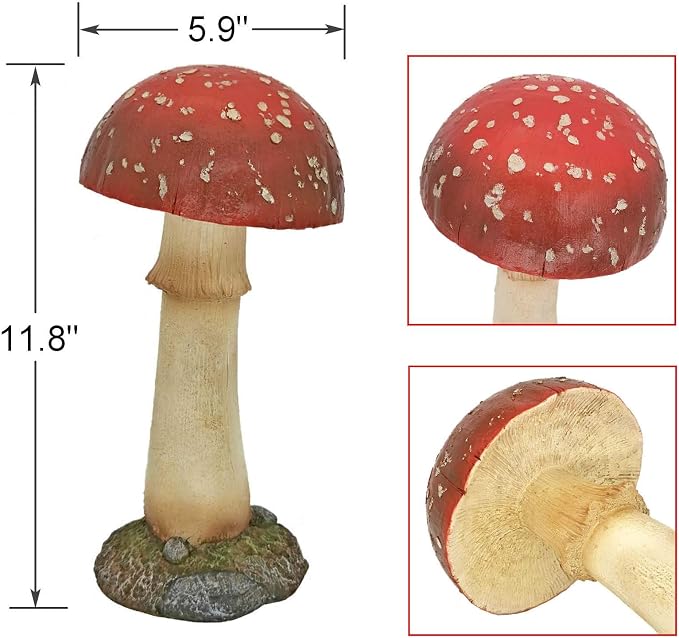 Mushroom Decor Outdoor Garden Statue - Garden Gnome's Favorite Garden Decoration Patio Decor (11.8", Red)