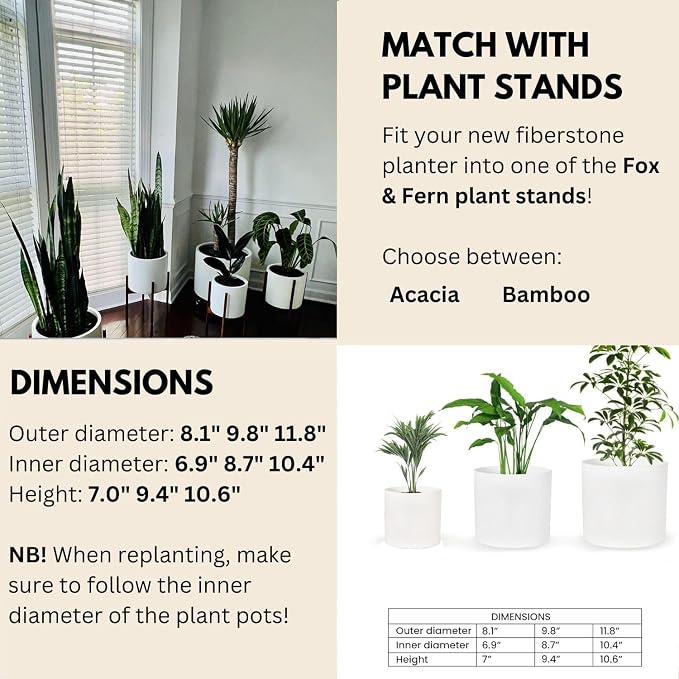 Fox & Fern Large Indoor Planter, Modern Large Plant Pot for Indoor or Outdoor, UV and Frost Resistant - Set of 3: 8, 10, 11.8 Inch, Fiberstone, White Flower Pot with Drainage Plug, Lightweight
