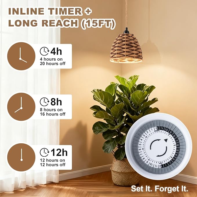 grow lights for indoor plants, full spectrum, automatic timer and 15FT power cord, 30W hanging growth lamp, 4000K plant light used for planting large tall plants, Ficus microcarpa, flowers, greenhouse