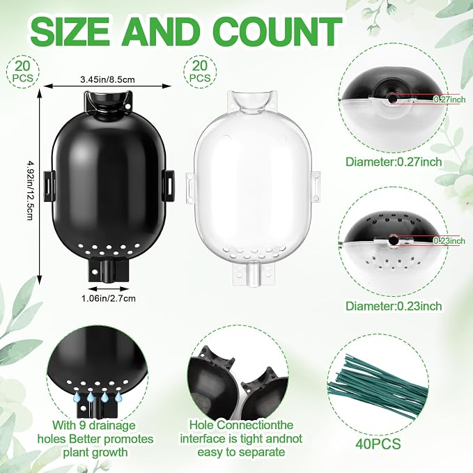 AceOrbit 20 Pack Air Layering Propagation Kit with Drain Holes - Half Transparent Tree Root Plant Growing Box with Metal Core Twist Ties Reusable High Pressure Grafting Ball for Fast Propagation Roots