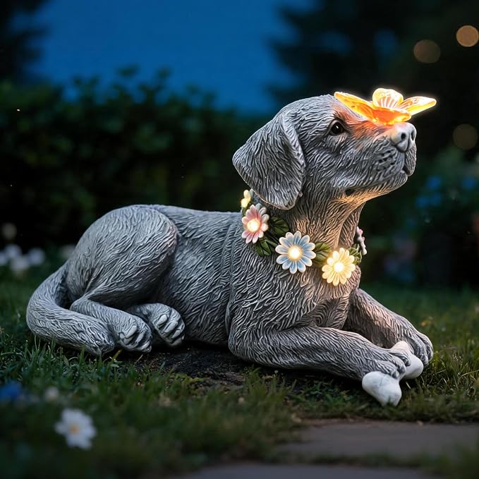 9.64" Solar Dog Garden Statue with Butterfly Outdoor Decor | Dog Statue, Outdoor Decor, Yard Garden Patio Porch, Memorial Gifts for Women Mom Grandma, Hand-Painted