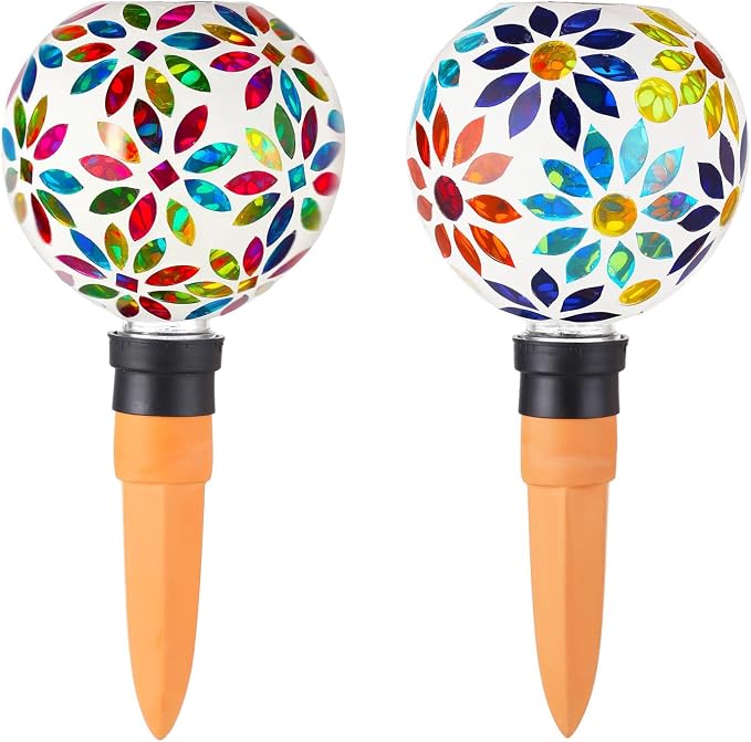 VOREEN Mosaic Glass Plant Watering Globes 2 Pack 500ml with Terracotta Spikes, Handmade Self-Watering Stakes for Indoor/Outdoor, Gift for Garden Lover,Multi Colored Flowers