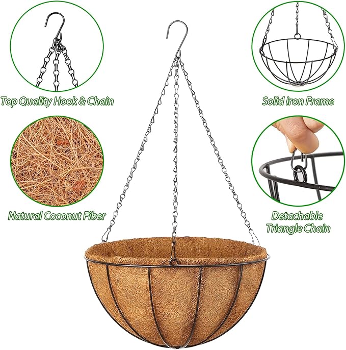 LCHUANG Hanging Baskets Planter for Plants - 4 Pack 14 Inch Metal Baskets with Coco Coir Liner, Hanging Flower Pots for Outside with Chain, Indoor Outdoor Garden Porch Decoration (14'' Pack of 4)