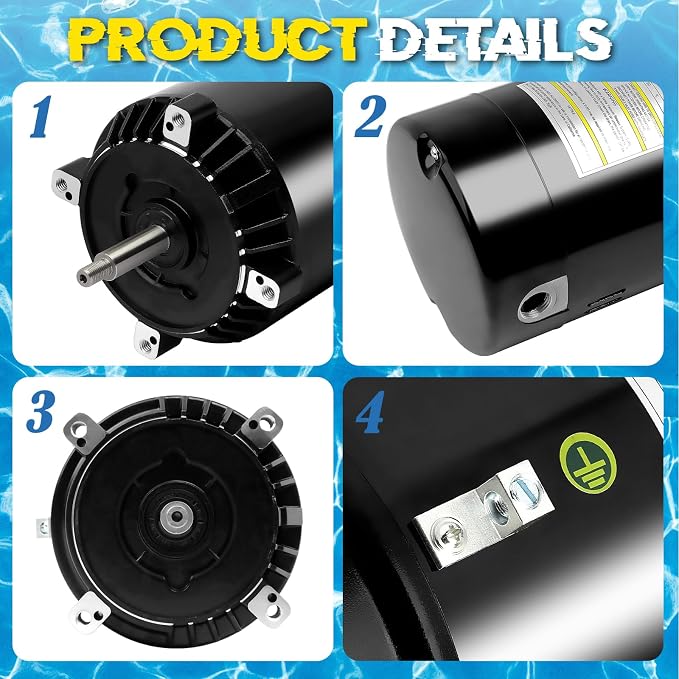 SP1610Z1MBK Pool Pump Motor 1HP 56J Frame Replacement for Hayward Pump | 115/230V Dual Voltage, 3450 RPM, 7.5/15A, 1045 Steel Threaded Shaft, Pool Motor