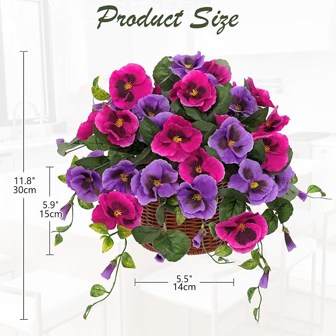 Briful Artificial Pansy Flowers, Potted Faux Cascading Flowers in Basket, Farmhouse Table Decor, Livingroom Dining Table Decor, Entryway Tabletop Décor Fake Flowers for Home Indoor, Fuchsia