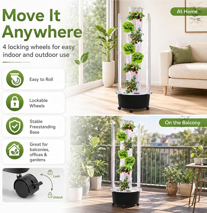 8 Tier Hydroponic Tower Garden - Indoor Vertical Gardening System 48 Holes with LED Grow Light & Self-Watering Pump, for Strawberries Lettuce Herbs, Home Grow Kit with Timer & Wheels