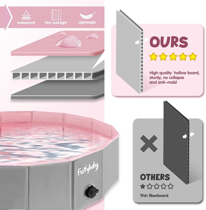 Furrybaby Foldable Dog Pool Non-Slip Hard Bath Tub Indoor Outdoor Pets Kids | Collapsible rigid dog pool with non-slip PVC, durable hard plastic tub, portable indoor & outdoor use for pets and kids, pink