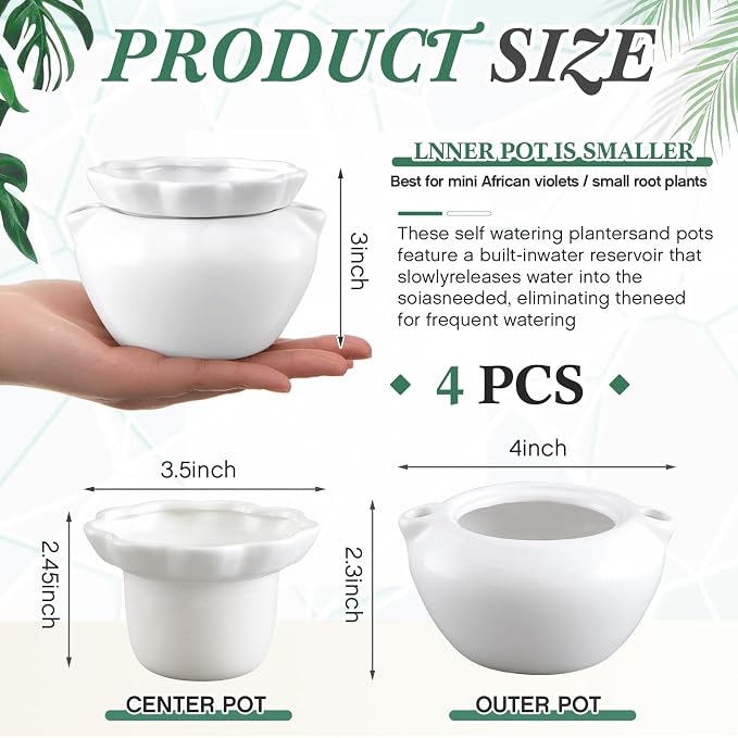 4 Set 4 Inch African Violet Pots Self Watering White Ceramic Planter Highly Absorbent Inner Planter Pot for Indoor Plants Plant Lovers Ideal Plant Pot Thriving Plant Flower Maintenance