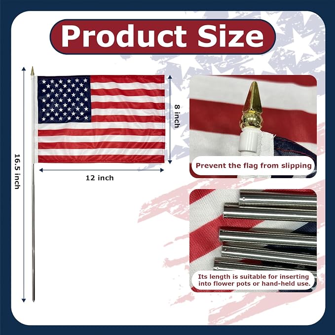 AMZFLAG 6 Pack Small American Flags on Stick 8x12 Inch for 250th Anniversary, Heavy Duty Mini Hand Held Handheld US USA Flags with Retractable Pole for 4th of July Outside Yard Garden Decorations