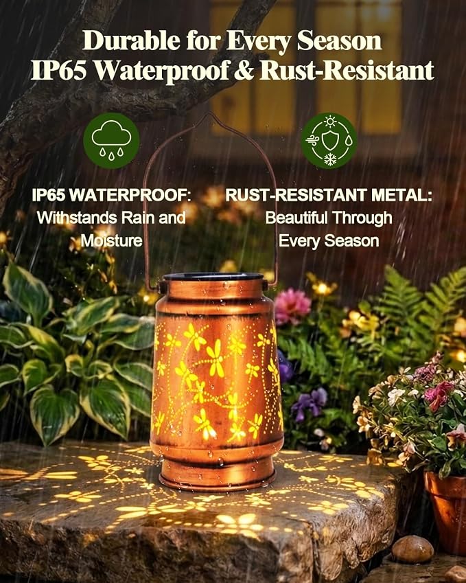 DIBIEECN 2 Pack Dragonfly Solar Lanterns Outdoor Waterproof, Garden Decor | Metal Hanging Lights, IP65 Waterproof, LED Decorative Lantern, Patio & Backyard, Birthday Gifts for Women, Mom & Grandma