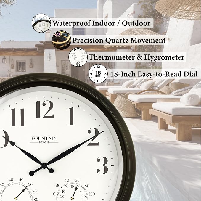 Maison 18 Inch Outdoor Clocks for Patio Large Waterproof with Thermometer,Outdoor Clock with Temperature and Humidity Combo,Weatherproof, Easy to Read,Oil Rubbed Bronze Black