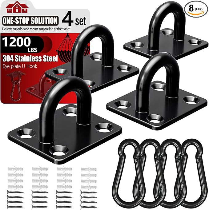 sprookber 304 Stainless Steel Pad Eye Snap Hooks, M8 Heavy Duty Ceiling Hooks, 1200 lb Capacity Hammock Swing Hanging kit, Plant Hangers, Marine Hardware Staple Hook Loop with Screws, Set of 8(Black)