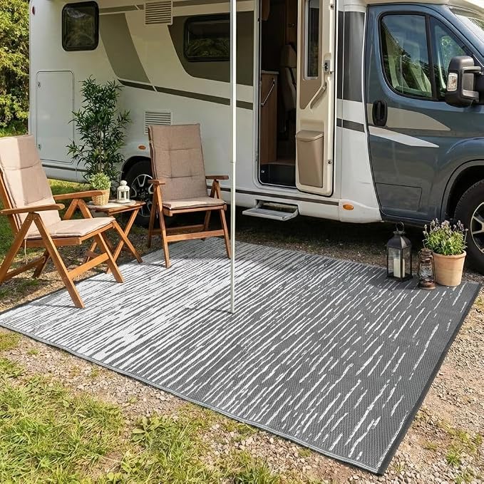 Garvee 6x9 Outdoor Rug Waterproof, Modern Striped Plastic Straw Rugs, Foldable Camping Rugs for Outside Your RV, Reversible UV Resistant Carpet for Backyard, Deck, Picnic, Balcony, Grey