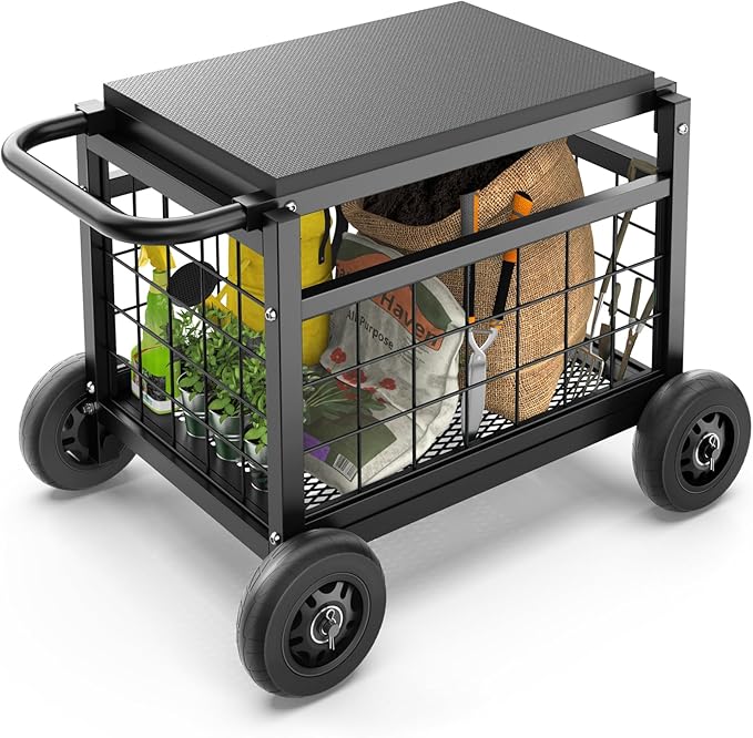 Garden Cart with Seat,3-in-1 Rolling Seat with Wheels for Gardening Seniors | Upgraded Heavy Duty Gardenning Cart with Seat, Supports up to 500 LBS for Seniors, Lawn, Patio & Backyard Gardening, Black