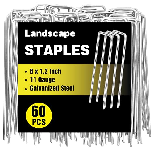 HongWay 60 Pack 6 Inch Landscape Staples, Galvanized Garden Stakes 11 Gauge Plant Cover Stakes U-Shaped Tent Stakes Landscaping Pins Yard Ground Staples for Lawn, Turf, Fence, Irrigation Hose