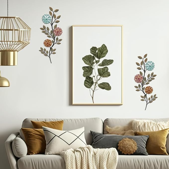 MorningRo 2 Pcs Metal Flower Leaves Wall Art Spring Wall Decor Living Room, 15.75 Inch Vintage Rustic Branch Leaf Wrought Iron Scroll Art Decor for Summer Bedroom Indoor Outdoor Decorations(Colorful)