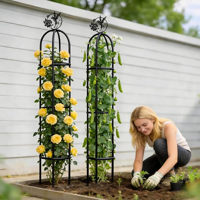 Elegant Outdoor Garden Trellis for Climbing Plants with All Premium Metal | Floral Bird Topper 5.9ft Tall, 7.7lbs Heavy Duty, Collapse Proof, Solid & Stable, for Outdoor Flower Vine Vegetable Support