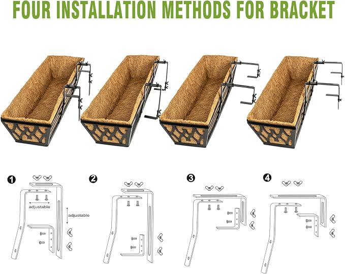 6 Pack 24 Inch Window Boxes Planters Railing Planter Box with Adjustable Brackets for Porch Fence Patio Balcony Hanging Flower Baskets with Coco Liners for Outdoor Garden Decor - Black