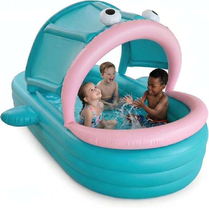 Inflatable Kiddie Pool with Canopy, Giant Fish Blow Up Pool for Kids Toddlers Adults, Thickened PVC Family Pool, 3 Air Chambers, 96"×59"×20" Backyard Summer Splash