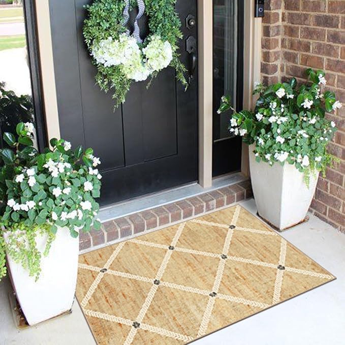 Indoor Front Door Mat, 2x3 Neutral Cottage Geometric Front Door Rug | Non-Slip Washable Doormat Indoor Outside Entrance Woven-Look Farmhouse Small Throw Rugs for Entryway Kitchen Laundry Room