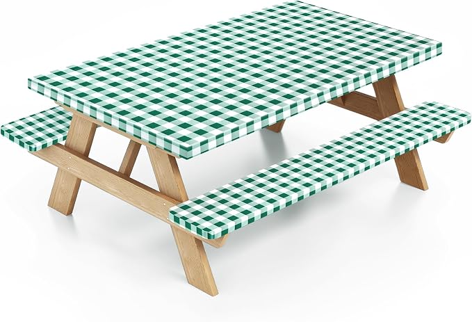 Picnic Table Cover with Bench Covers and Bag, Camping Table Camping Essentials Cover with Elastic Edges(Green)